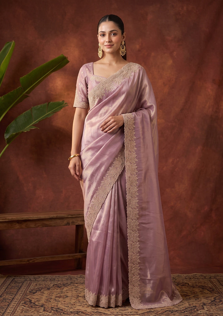 Onion Pink Stonework (Gold) Tissue Saree