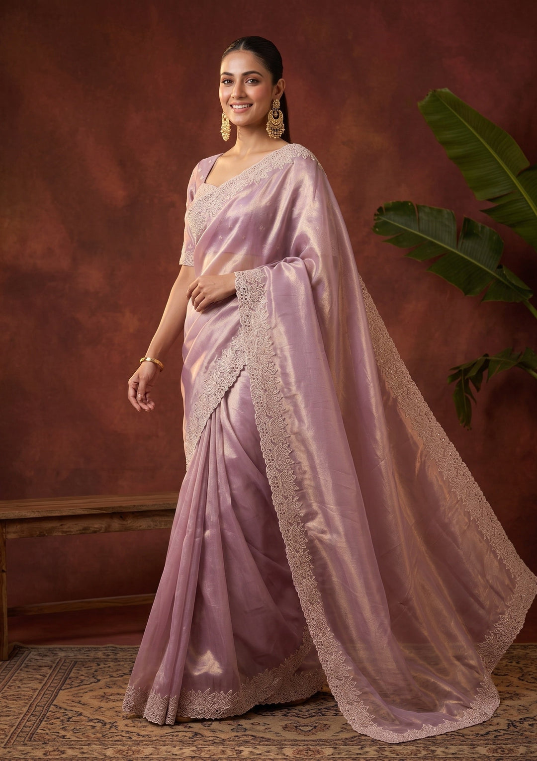 Onion Pink Stonework (Gold) Tissue Saree