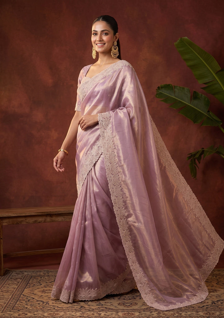 Onion Pink Stonework (Gold) Tissue Saree