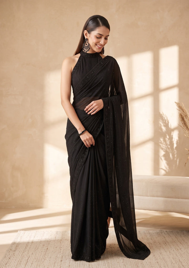 Black Swarovski Satin Saree
