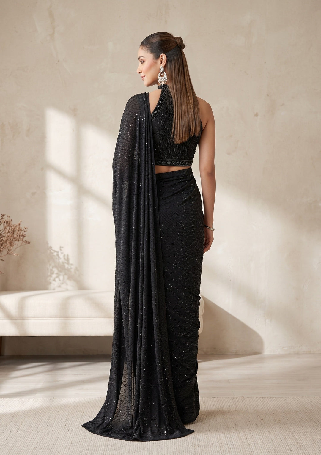 Black Swarovski Satin Saree