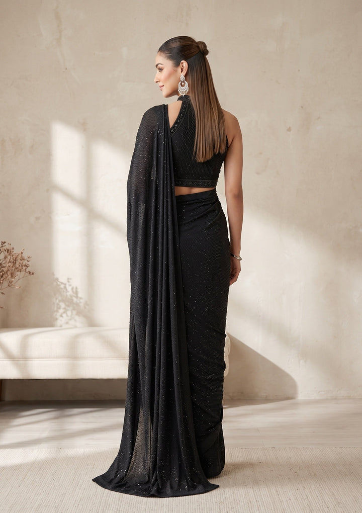 Black Swarovski Satin Saree