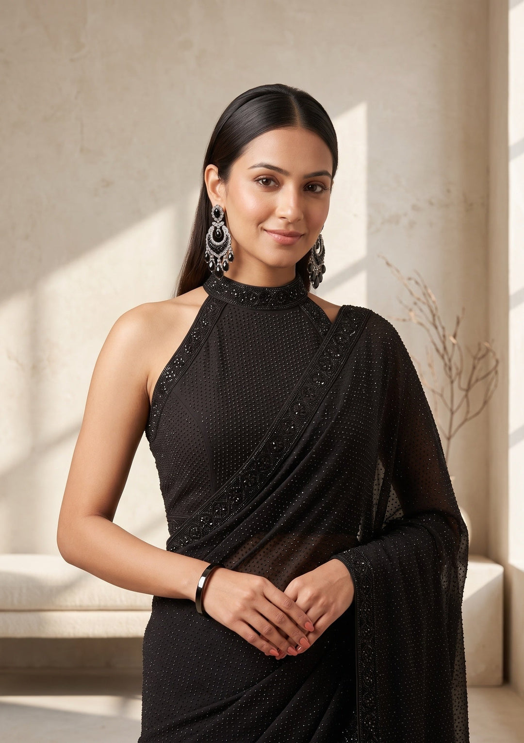 Black Swarovski Satin Saree