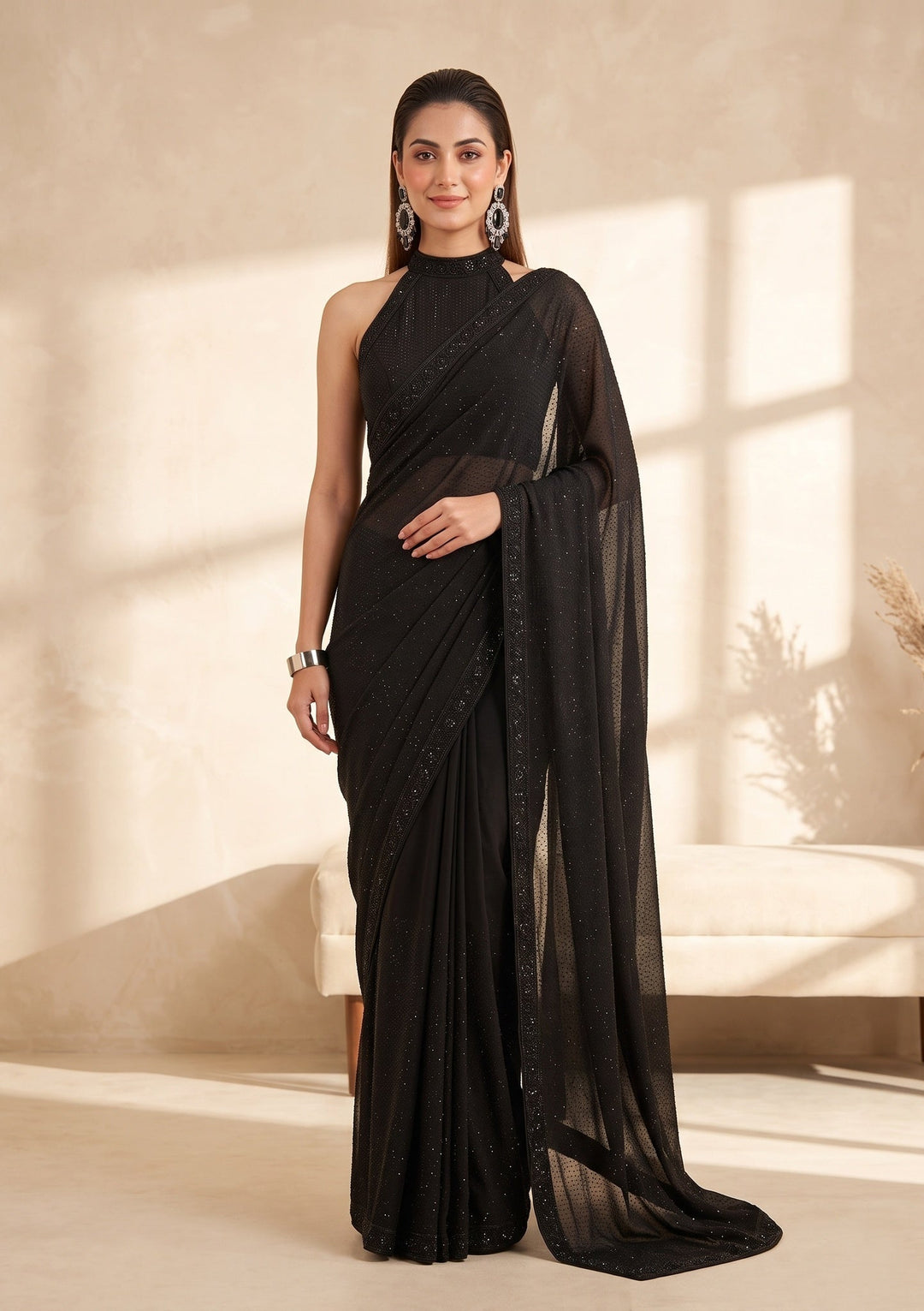 Black Swarovski Satin Saree