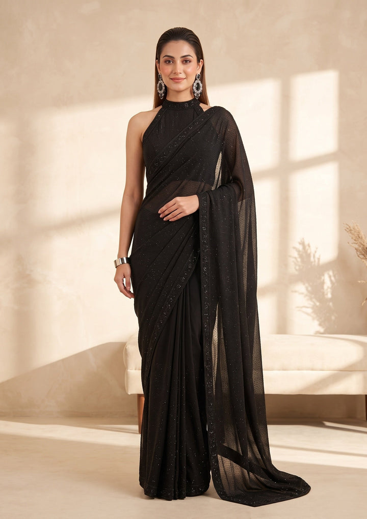 Black Swarovski Satin Saree