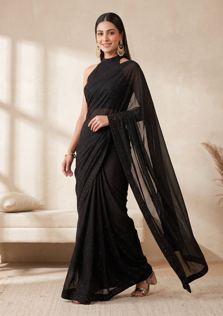 Black Swarovski Satin Saree