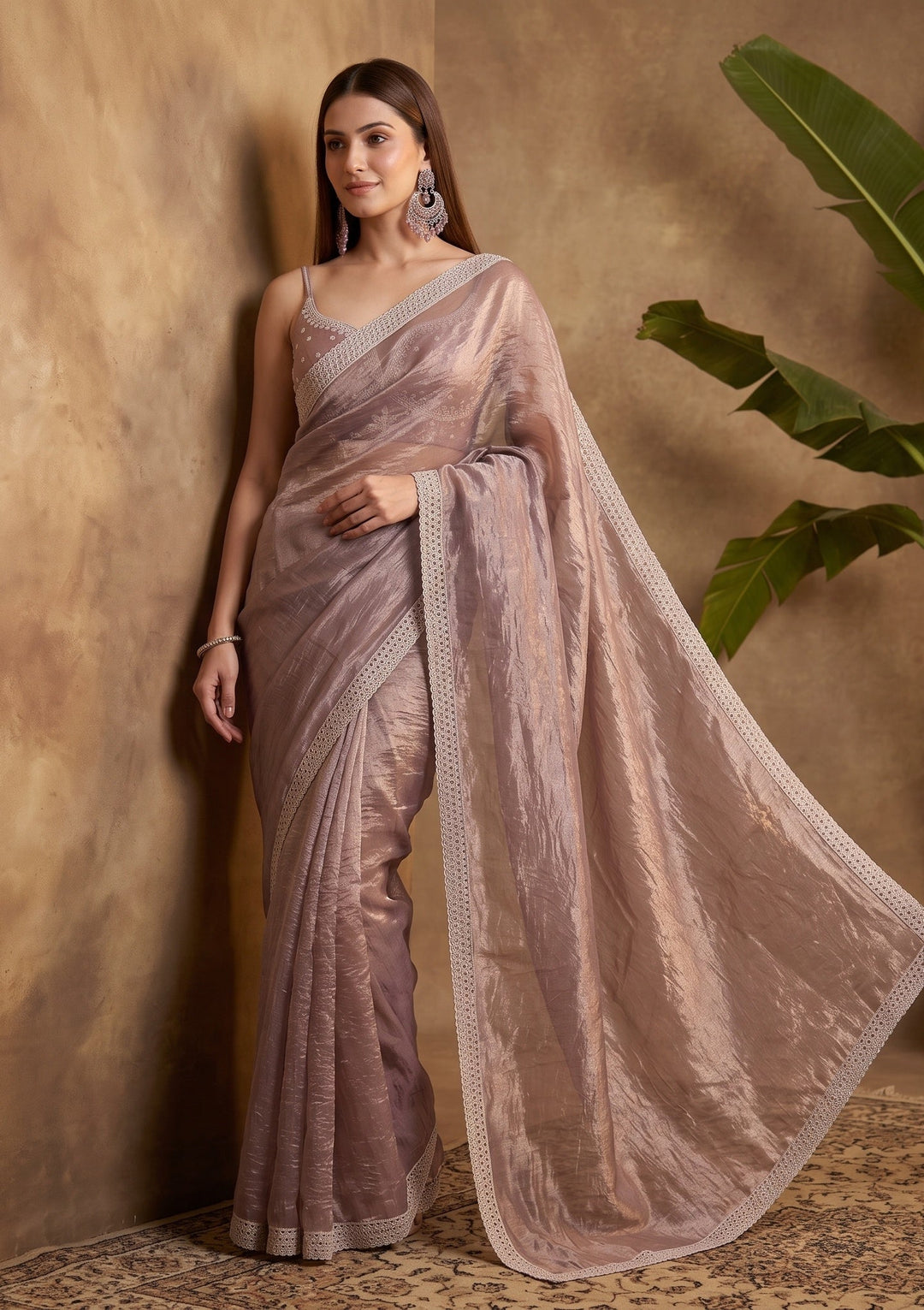 Light Brown Stonework (Gold) Tissue Saree With Matching Blouse Piece