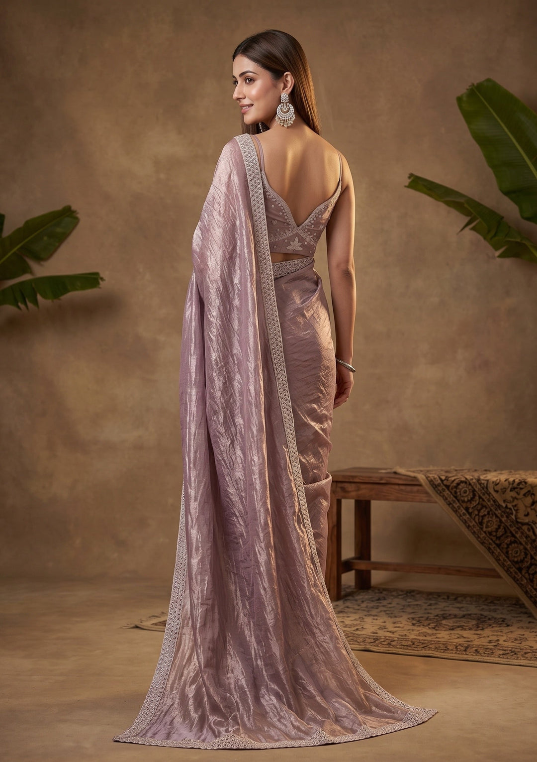 Light Brown Stonework (Gold) Tissue Saree With Matching Blouse Piece