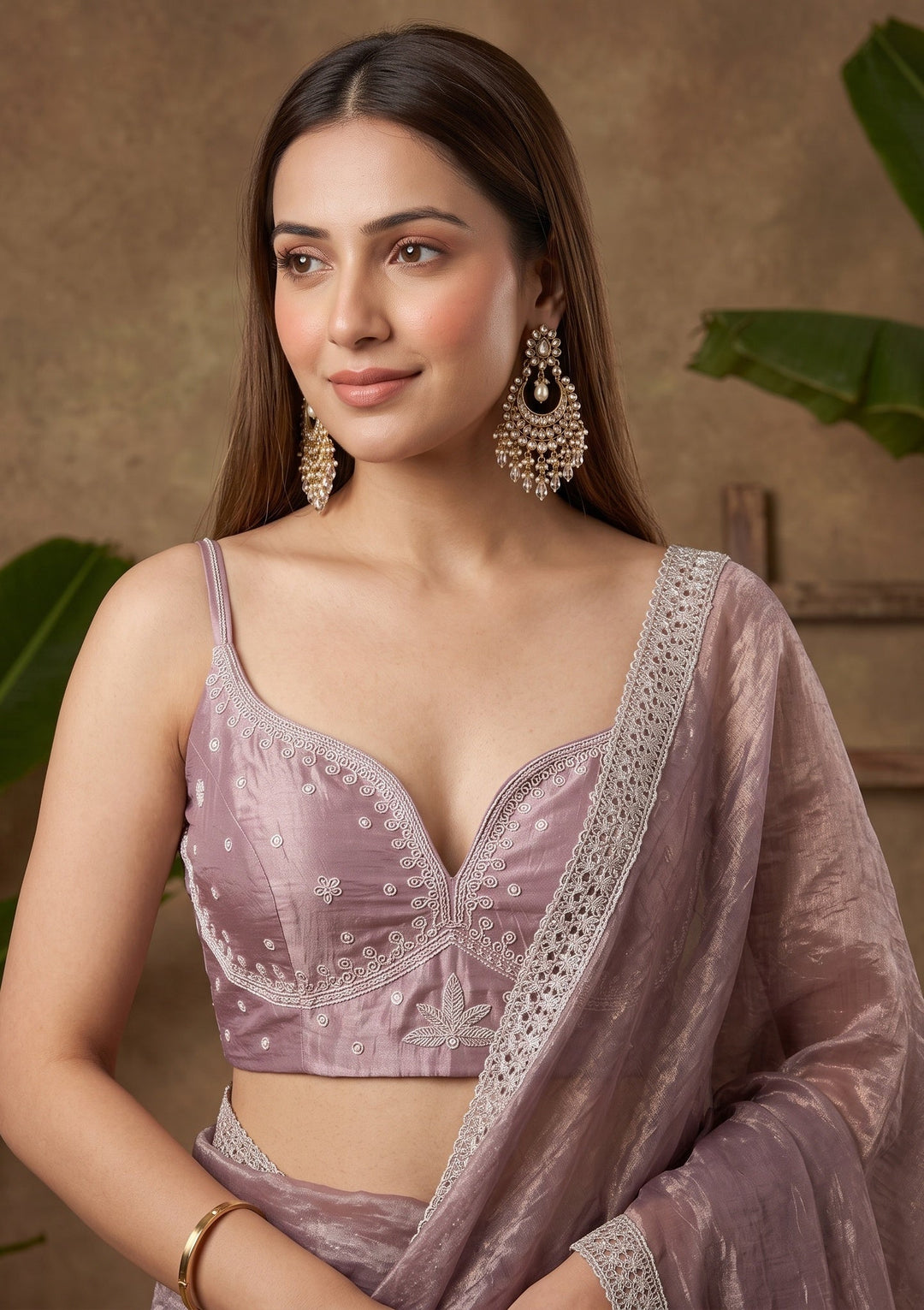 Light Brown Stonework (Gold) Tissue Saree With Matching Blouse Piece