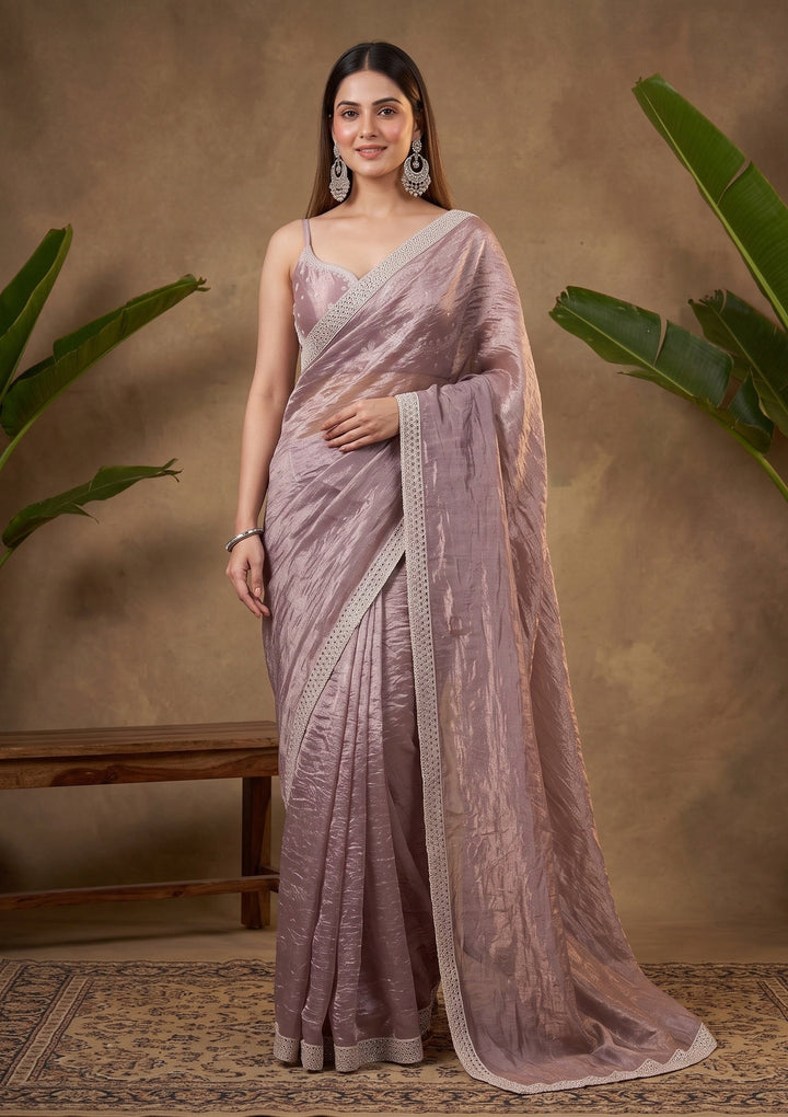 Light Brown Stonework (Gold) Tissue Saree With Matching Blouse Piece