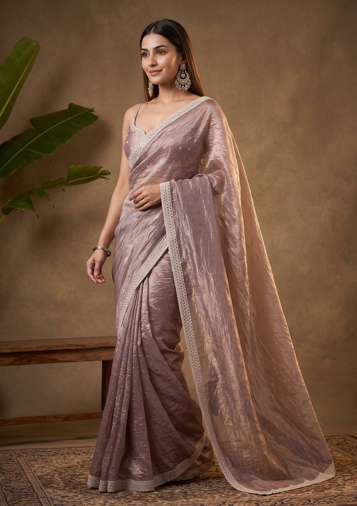 Light Brown Stonework (Gold) Tissue Saree With Matching Blouse Piece