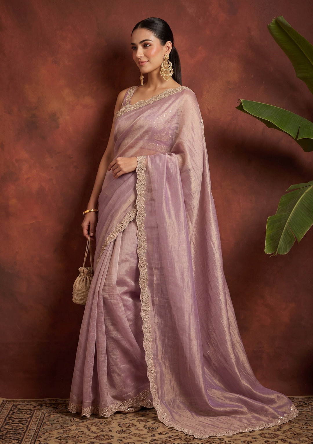 Mauve Stonework (Gold) Tissue Saree