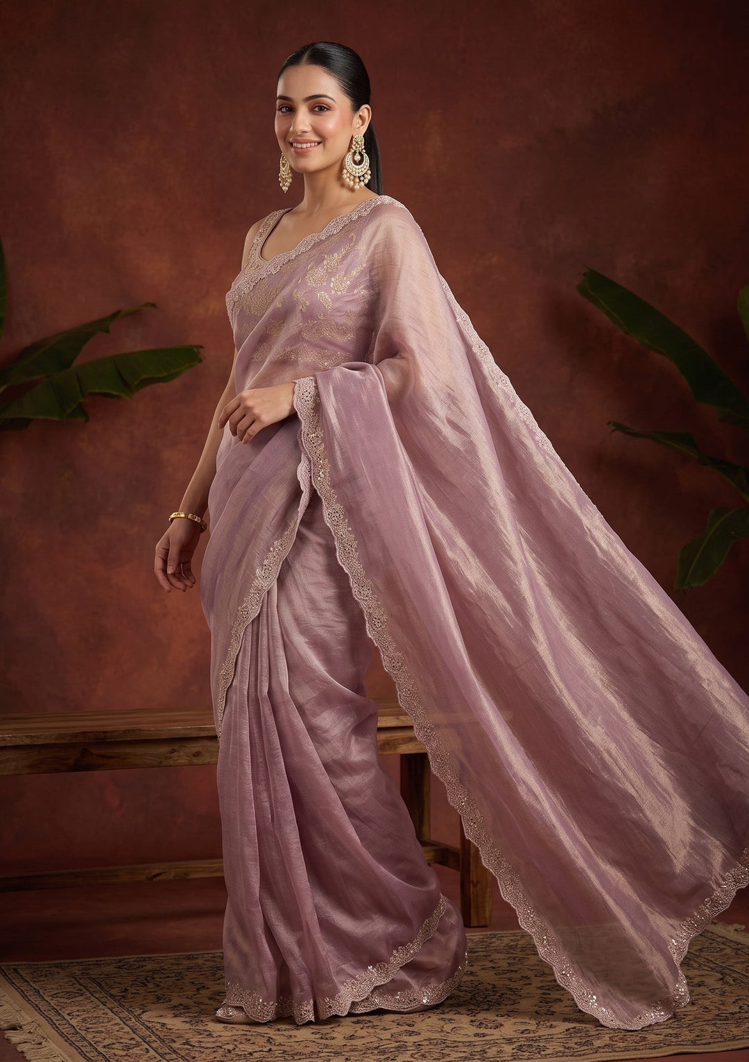 Mauve Stonework (Gold) Tissue Saree