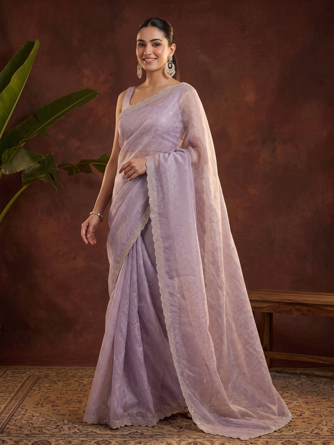 Lavender Stonework (Gold) Tissue Saree