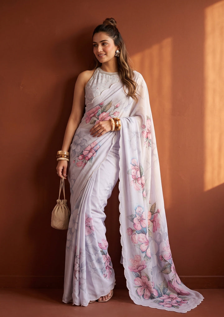 Lavender Sequins Satin Saree