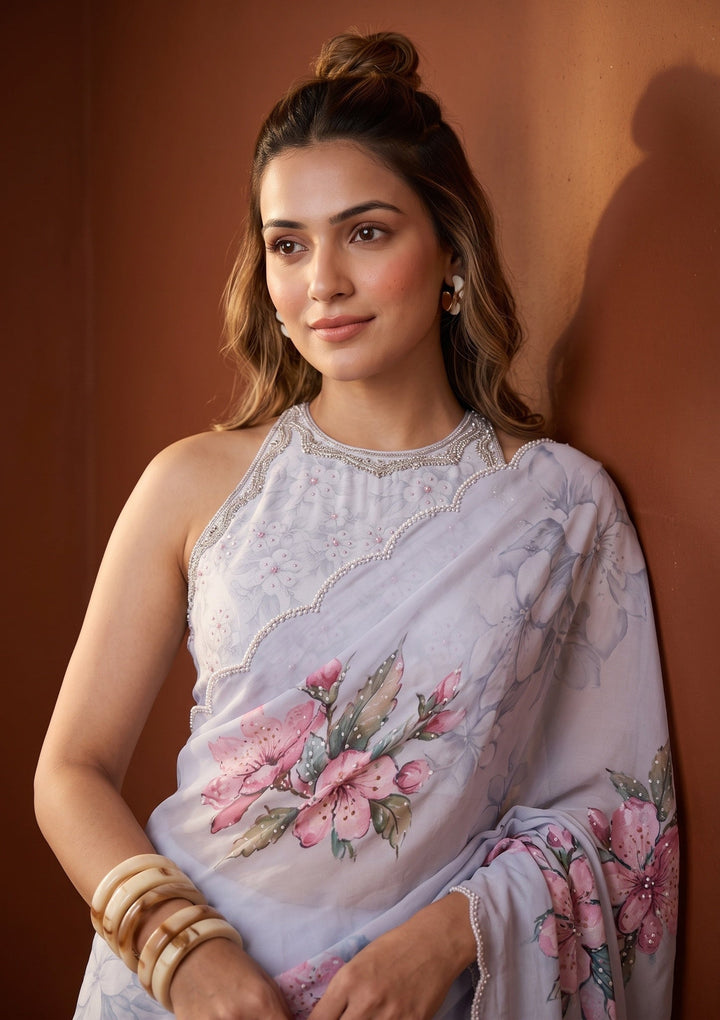Lavender Sequins Satin Saree
