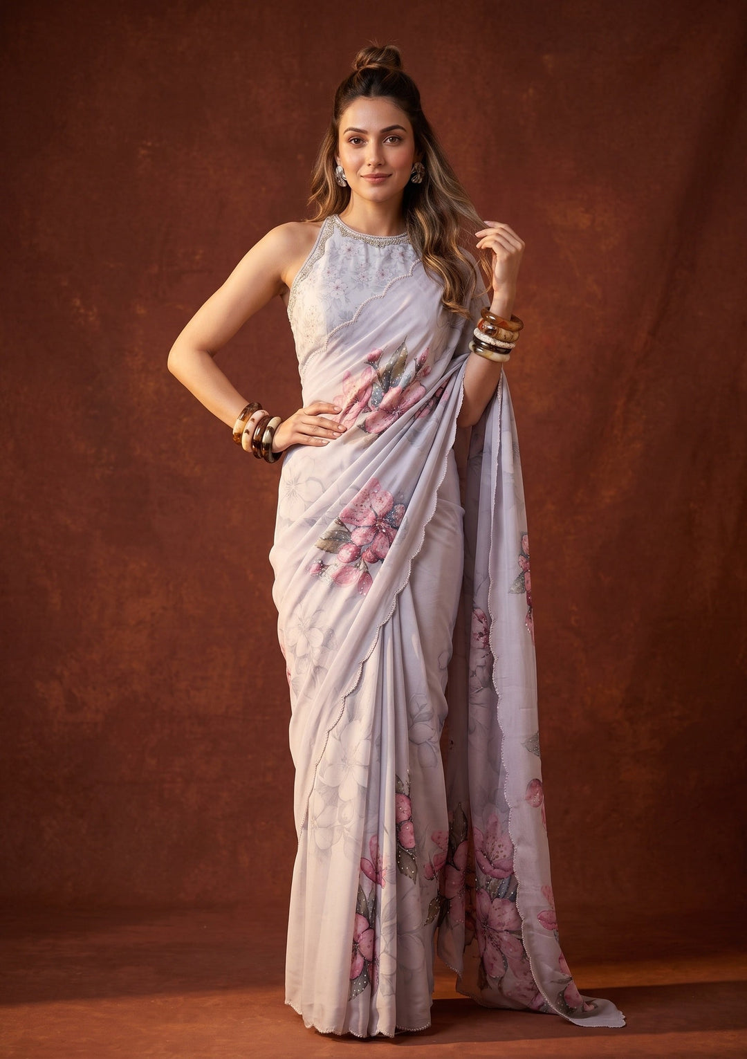 Lavender Sequins Satin Saree