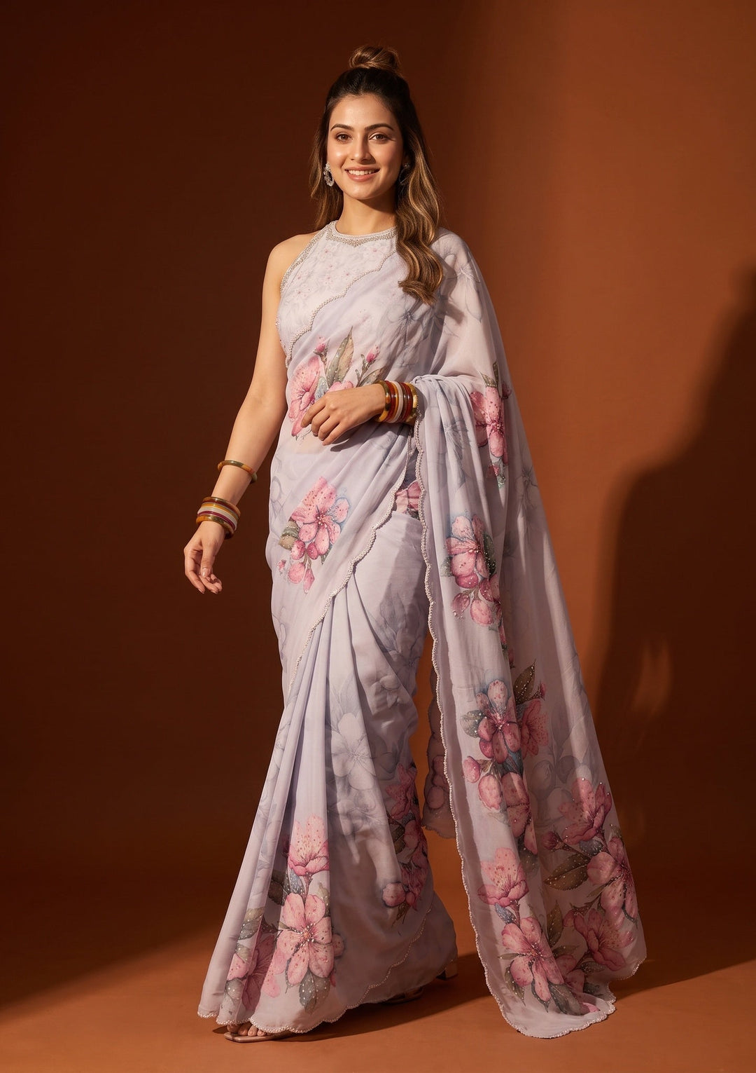 Lavender Sequins Satin Saree