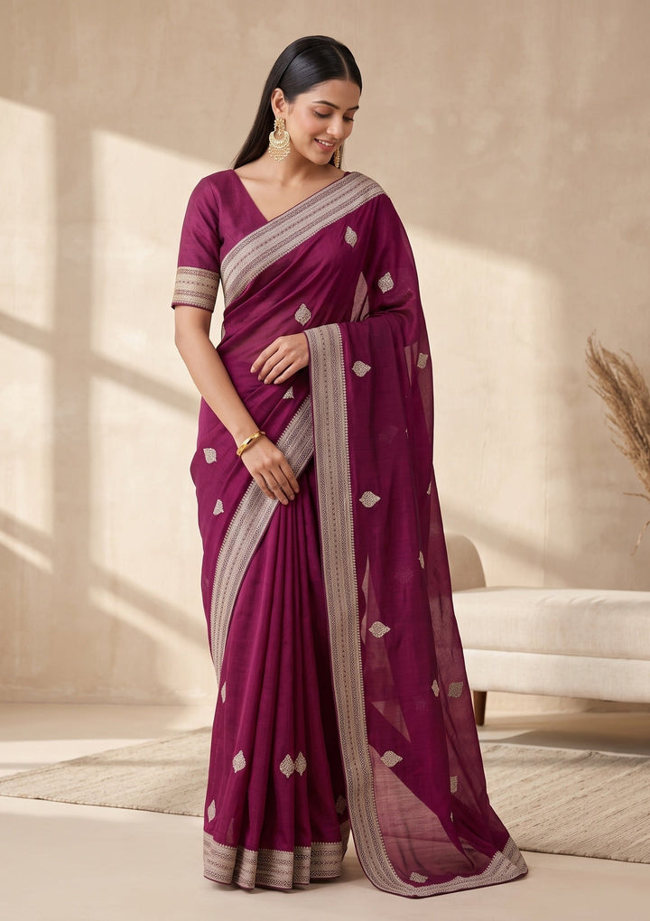 Wine Zariwork (Gold) Soft Raw Silk Saree