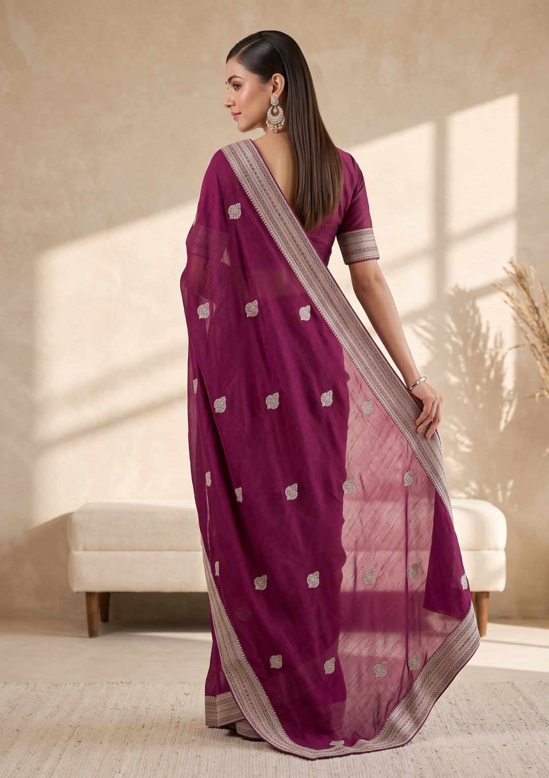 Wine Zariwork (Gold) Soft Raw Silk Saree