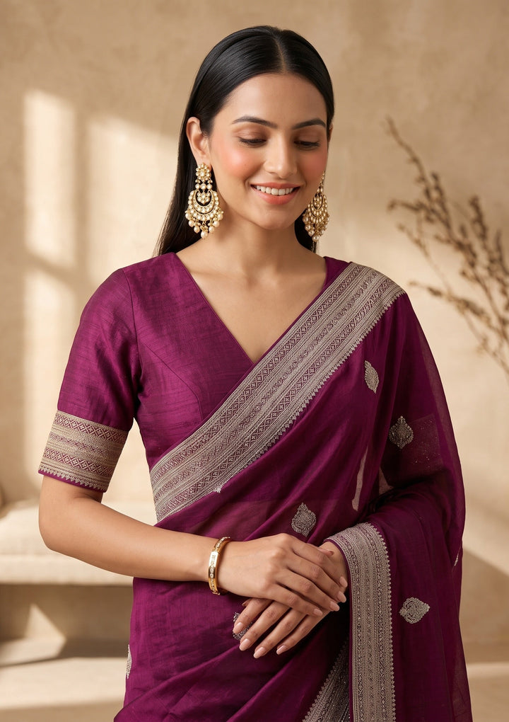Wine Zariwork (Gold) Soft Raw Silk Saree