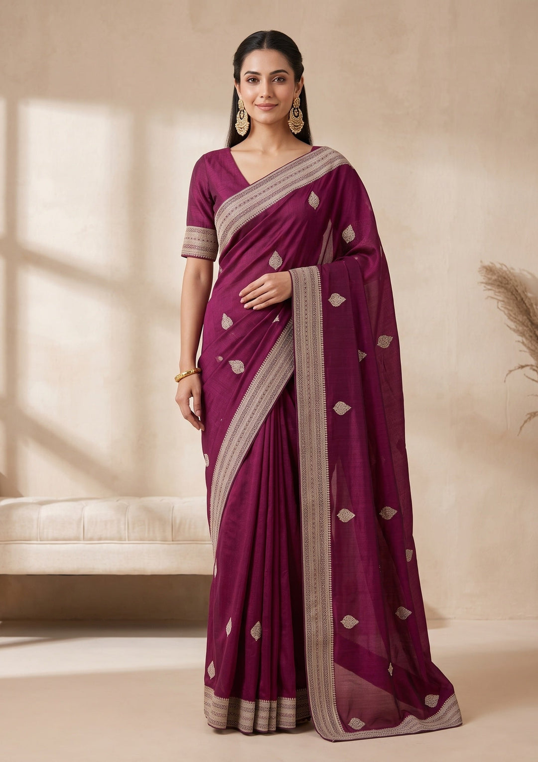 Wine Zariwork (Gold) Soft Raw Silk Saree