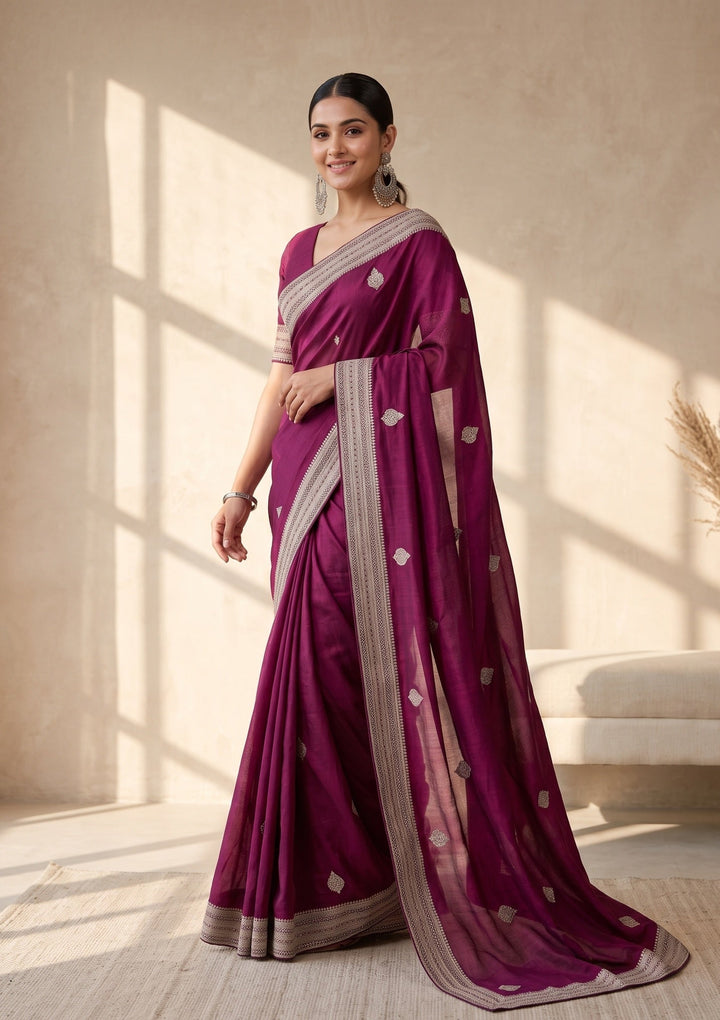 Wine Zariwork (Gold) Soft Raw Silk Saree