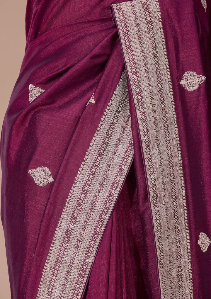 Wine Zariwork (Gold) Soft Raw Silk Saree
