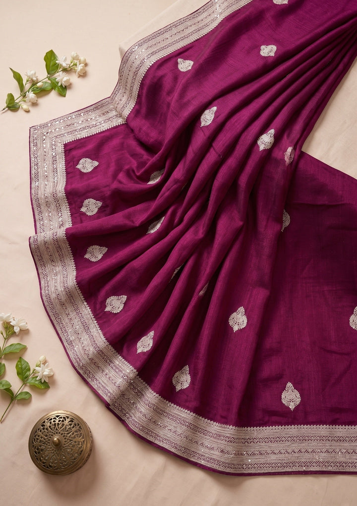 Wine Zariwork (Gold) Soft Raw Silk Saree
