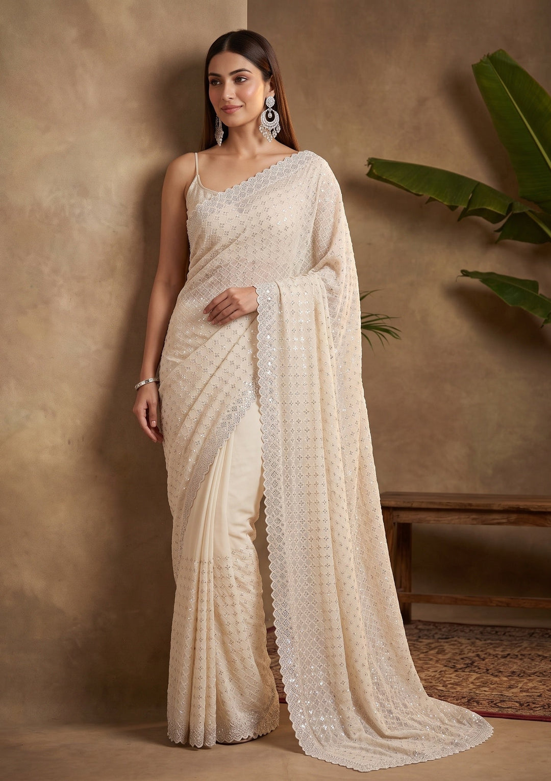 Off White Stonework (Silver) Chiffon Saree