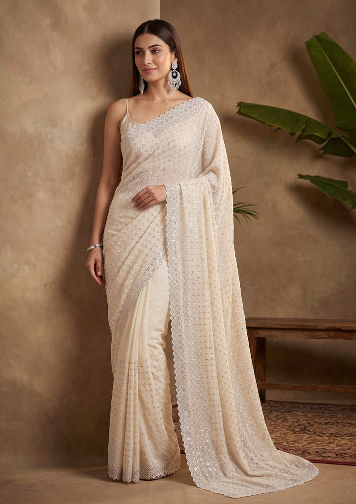 Off White Stonework (Silver) Chiffon Saree
