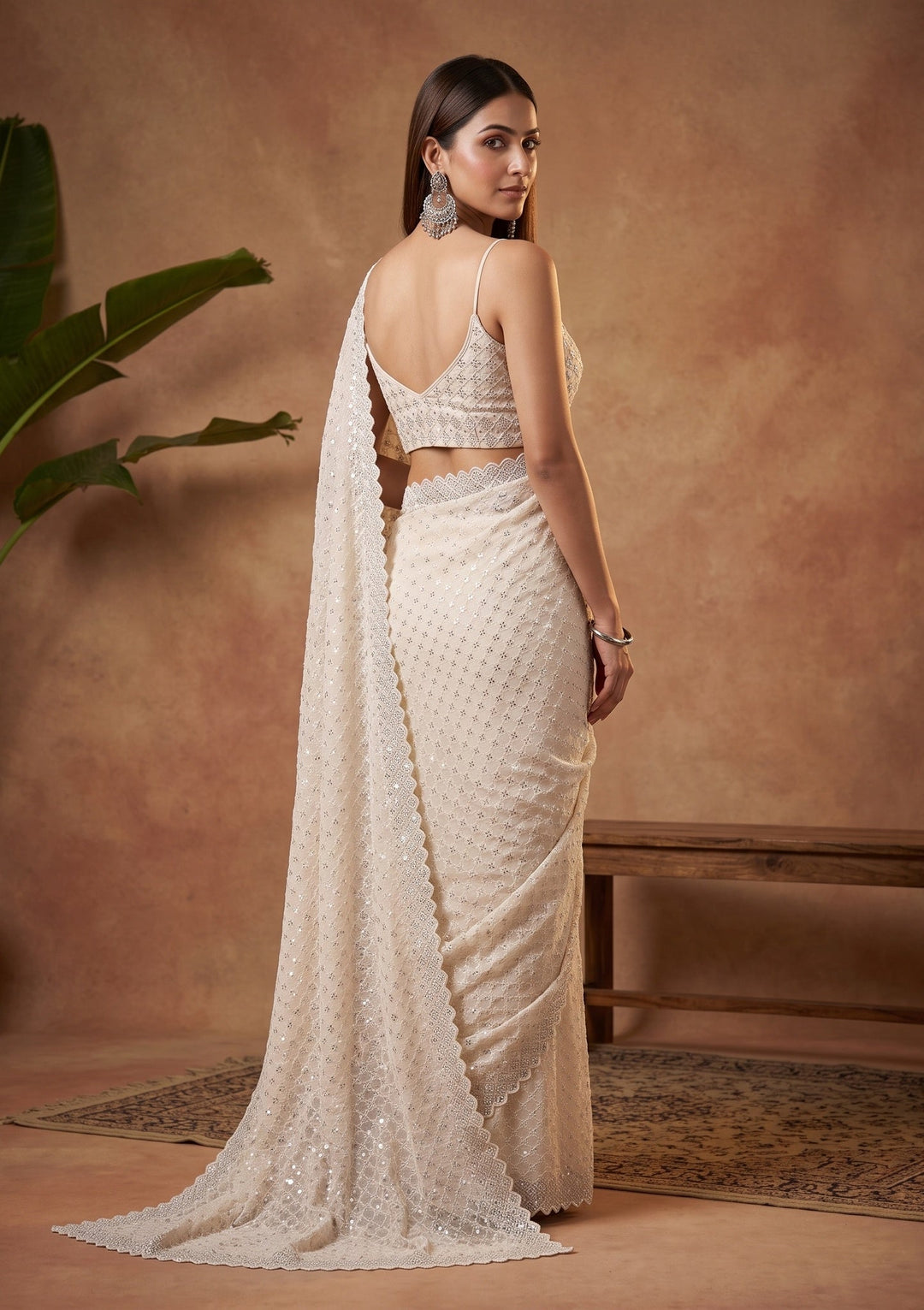 Off White Stonework (Silver) Chiffon Saree
