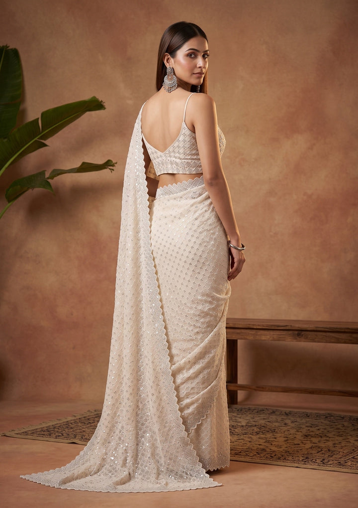 Off White Stonework (Silver) Chiffon Saree