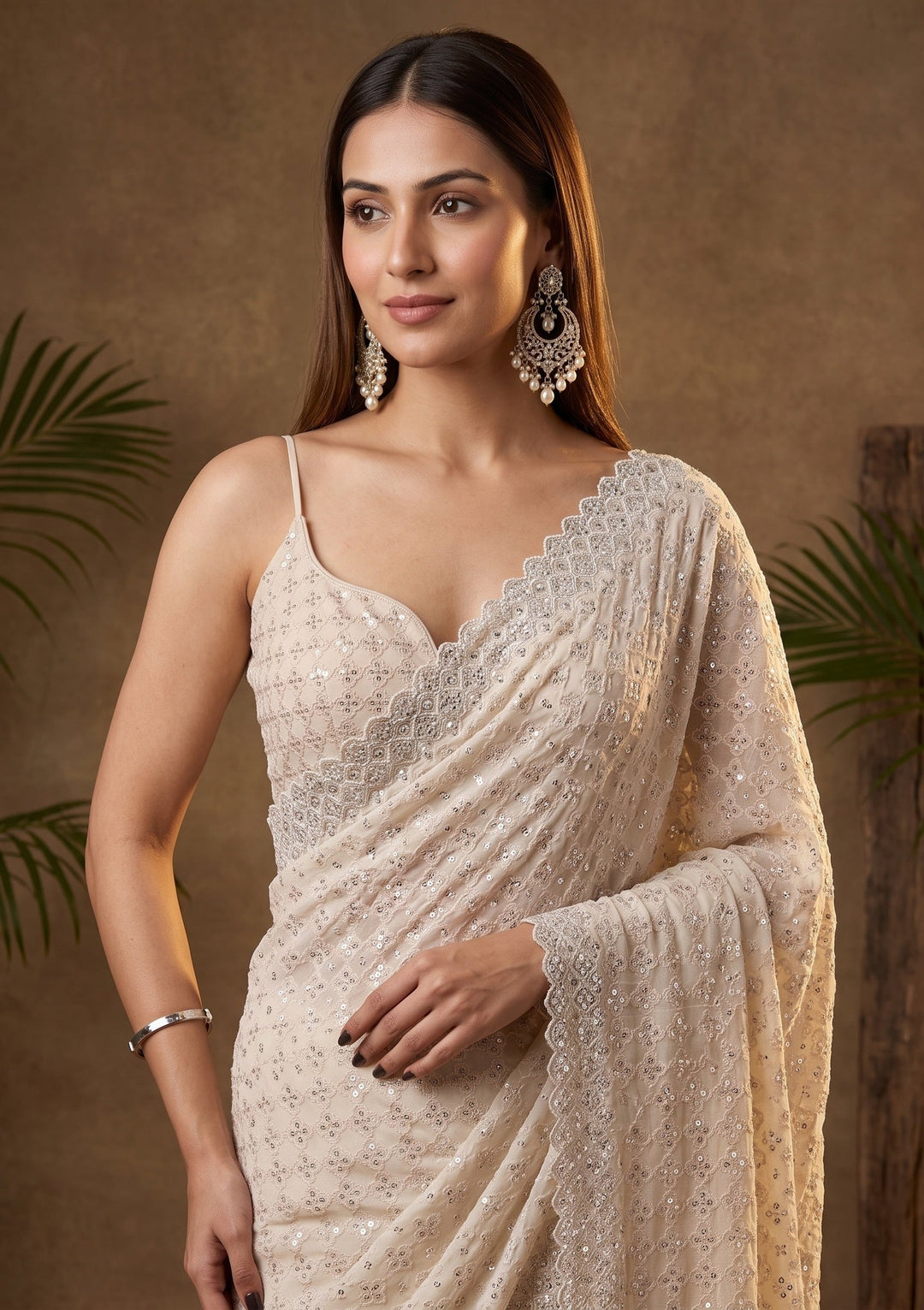 Off White Stonework (Silver) Chiffon Saree