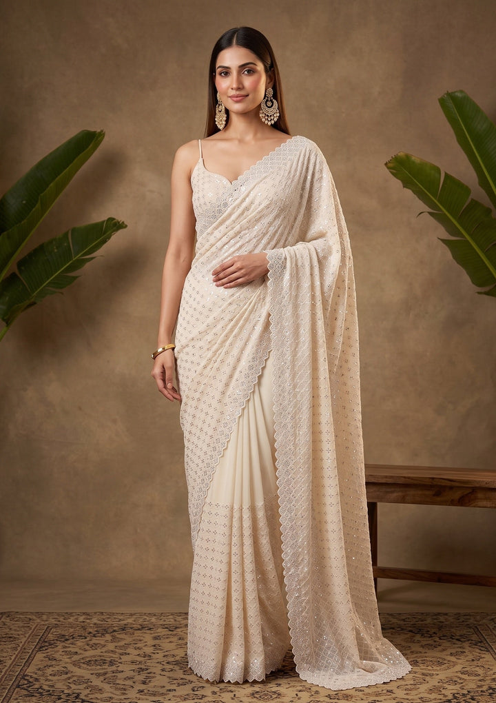 Off White Stonework (Silver) Chiffon Saree