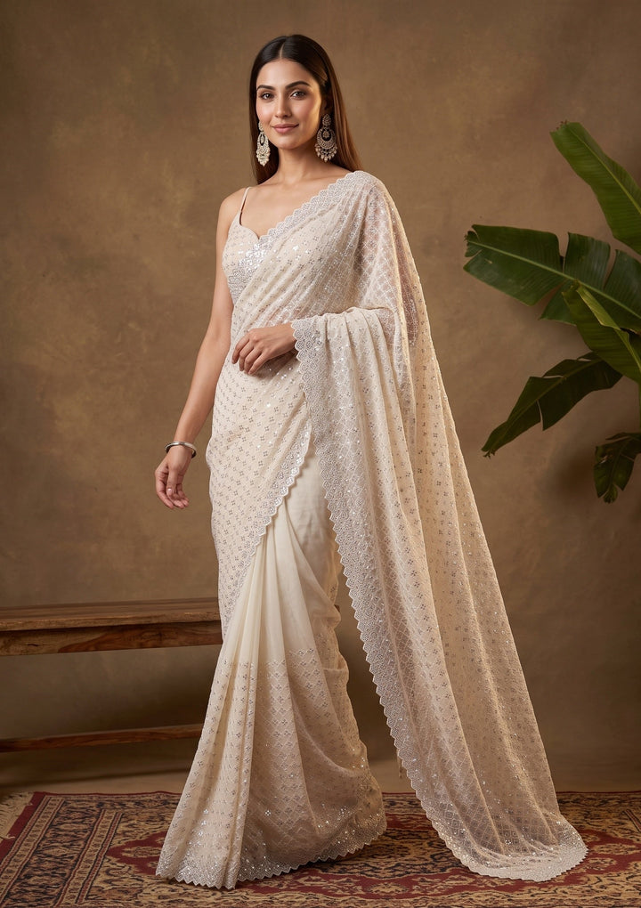 Off White Stonework (Silver) Chiffon Saree