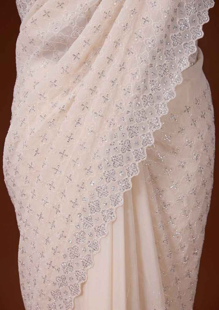 Off White Stonework (Silver) Chiffon Saree
