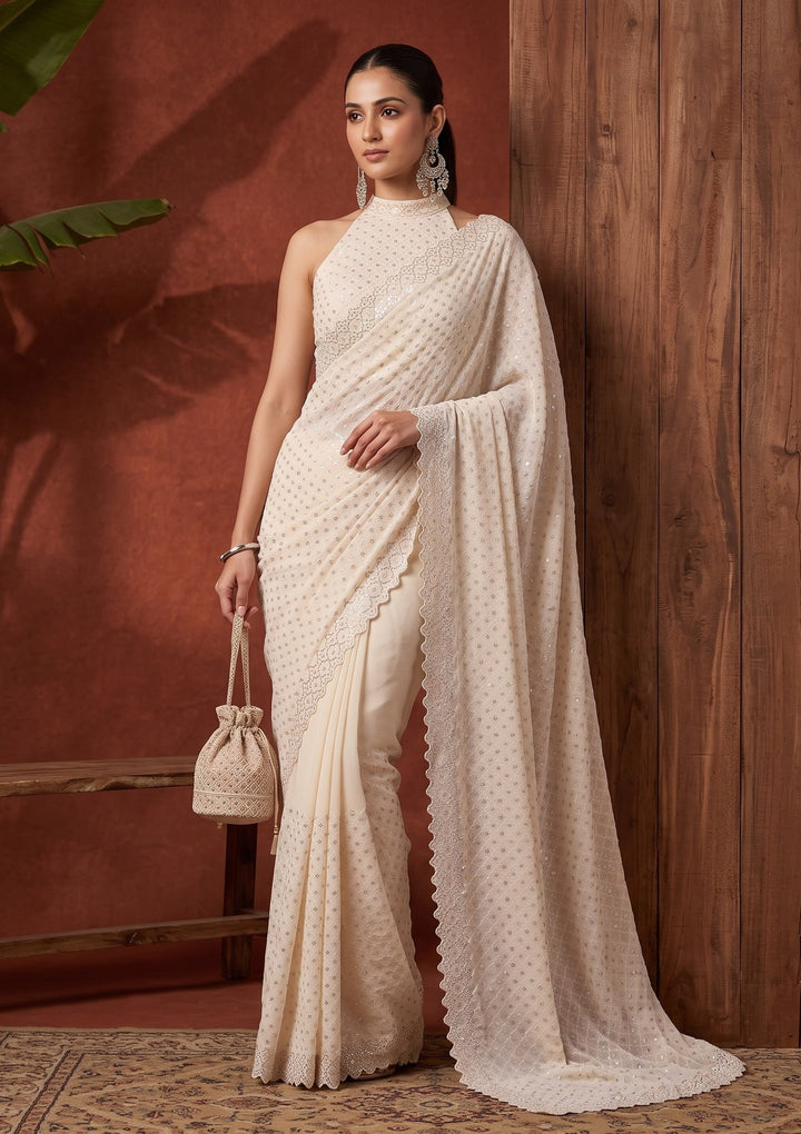 Off White Stonework (Silver) Chiffon Saree