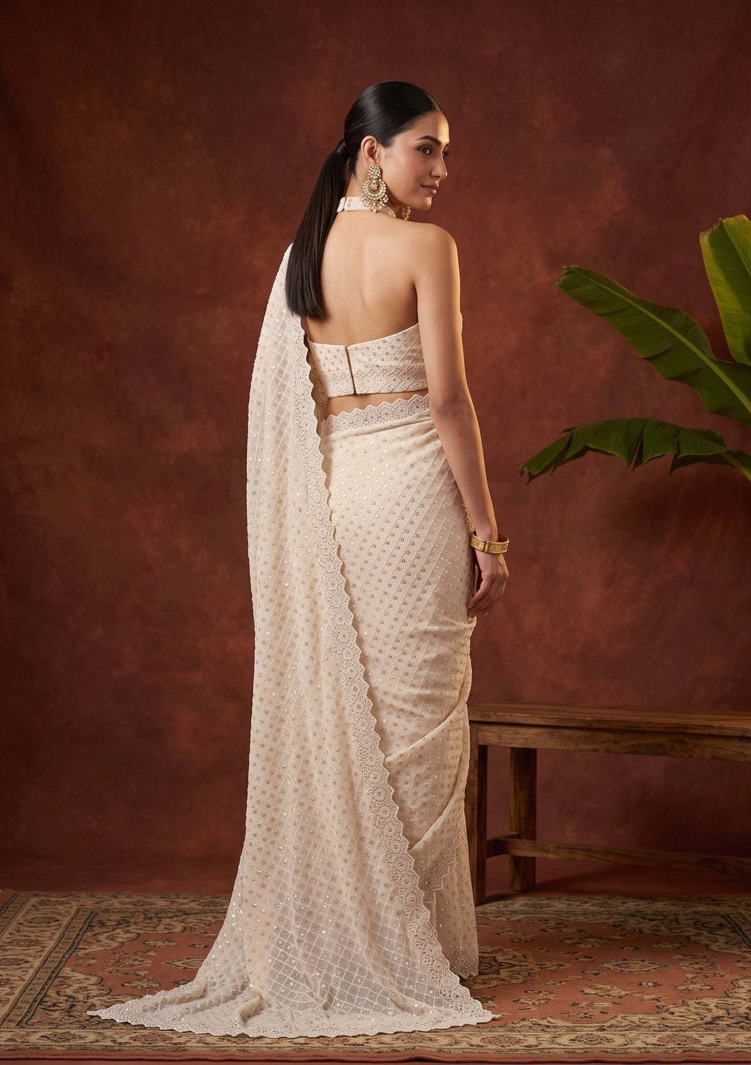 Off White Stonework (Silver) Chiffon Saree
