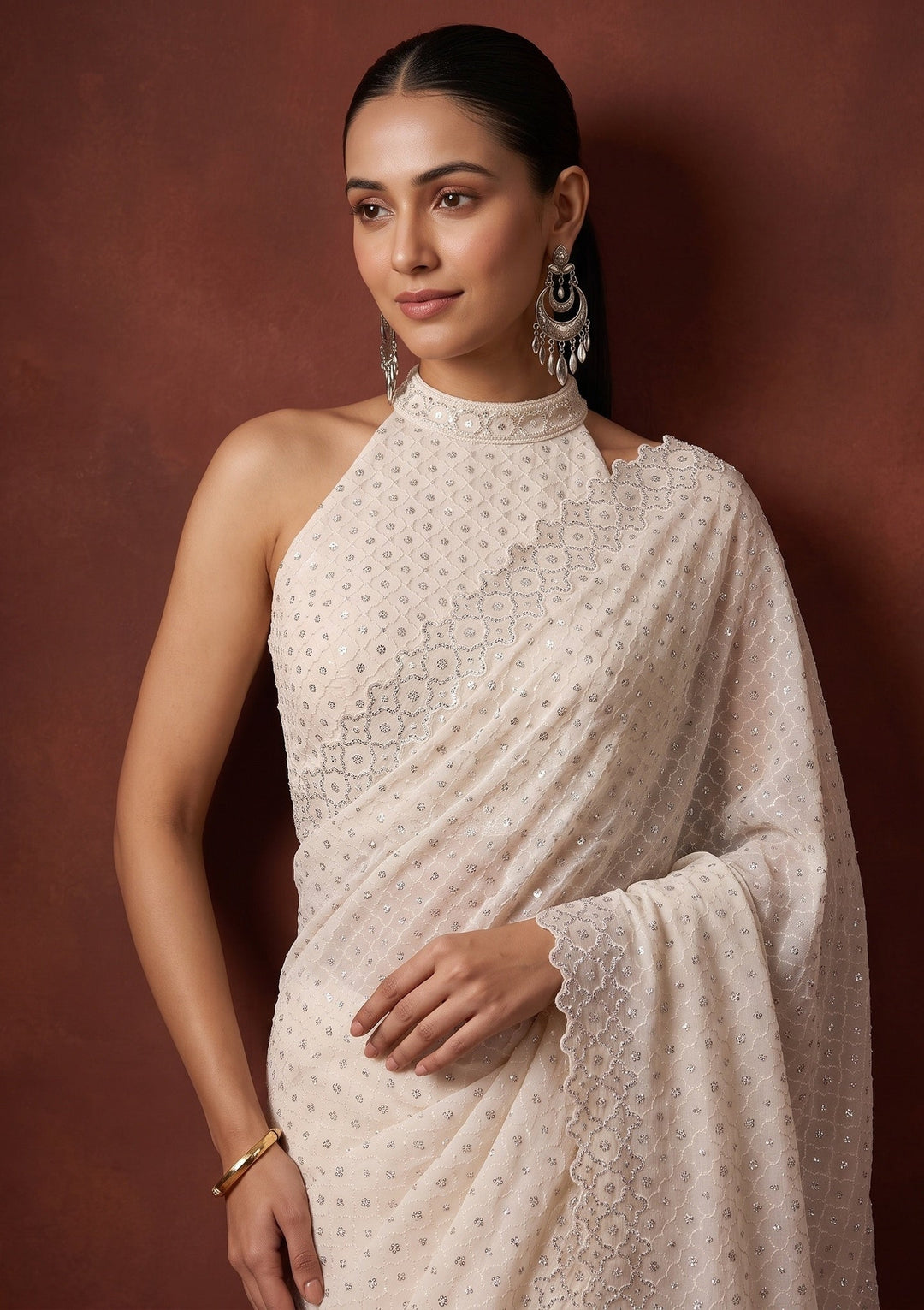 Off White Stonework (Silver) Chiffon Saree
