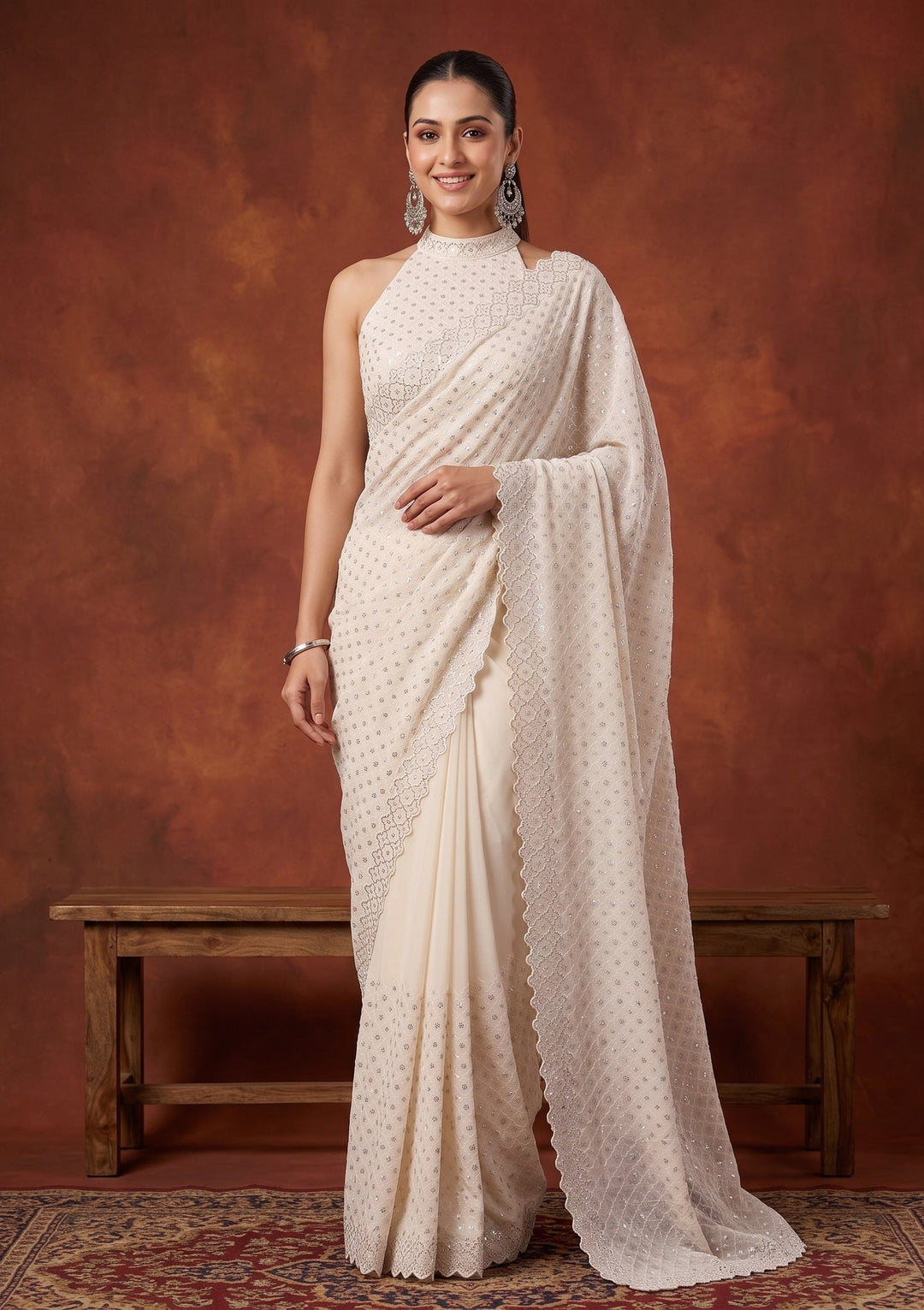 Off White Stonework (Silver) Chiffon Saree