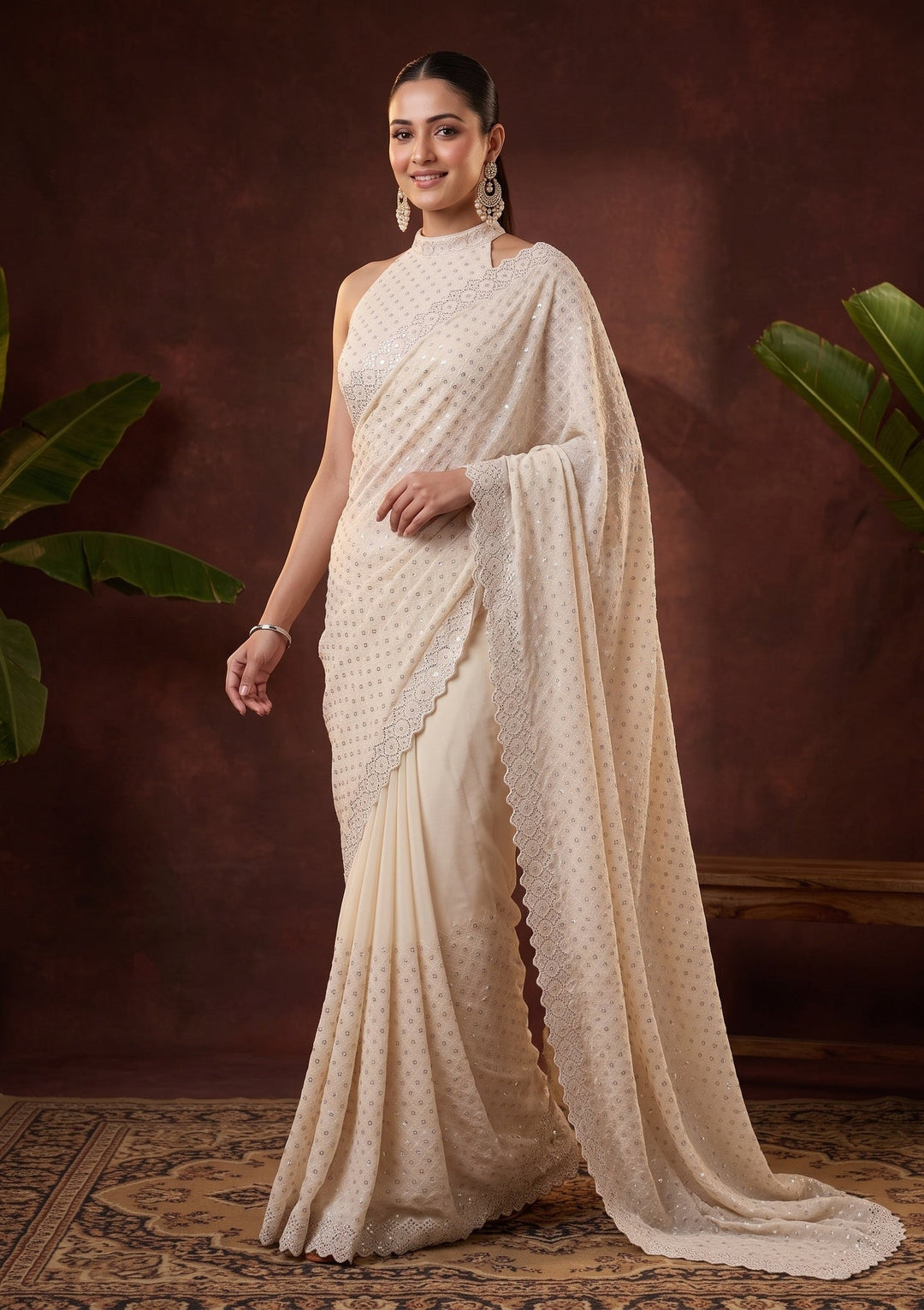 Off White Stonework (Silver) Chiffon Saree