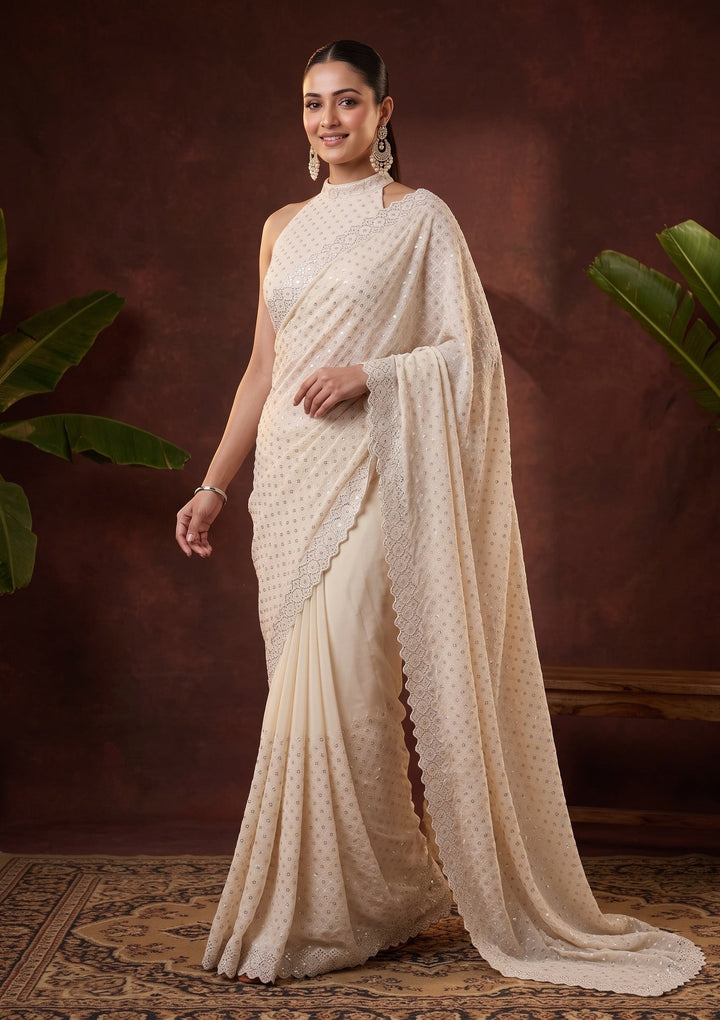 Off White Stonework (Silver) Chiffon Saree