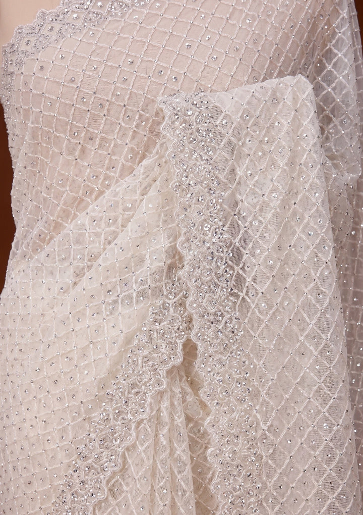 Off White Stonework (Silver) Chiffon Saree