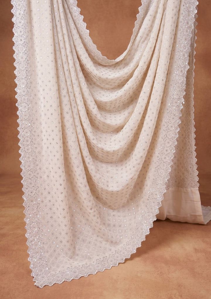 Off White Stonework (Silver) Chiffon Saree