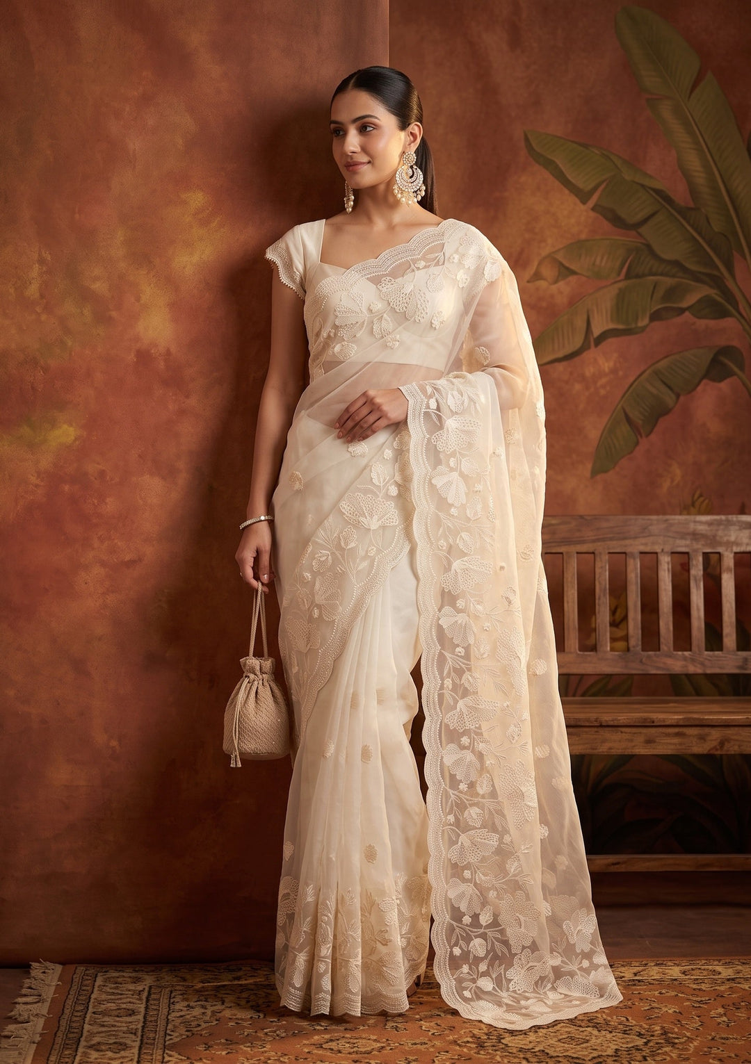 Off White Threadwork Organza Saree