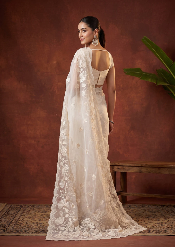 Off White Threadwork Organza Saree
