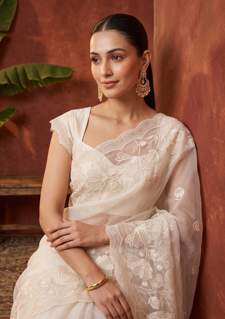 Off White Threadwork Organza Saree