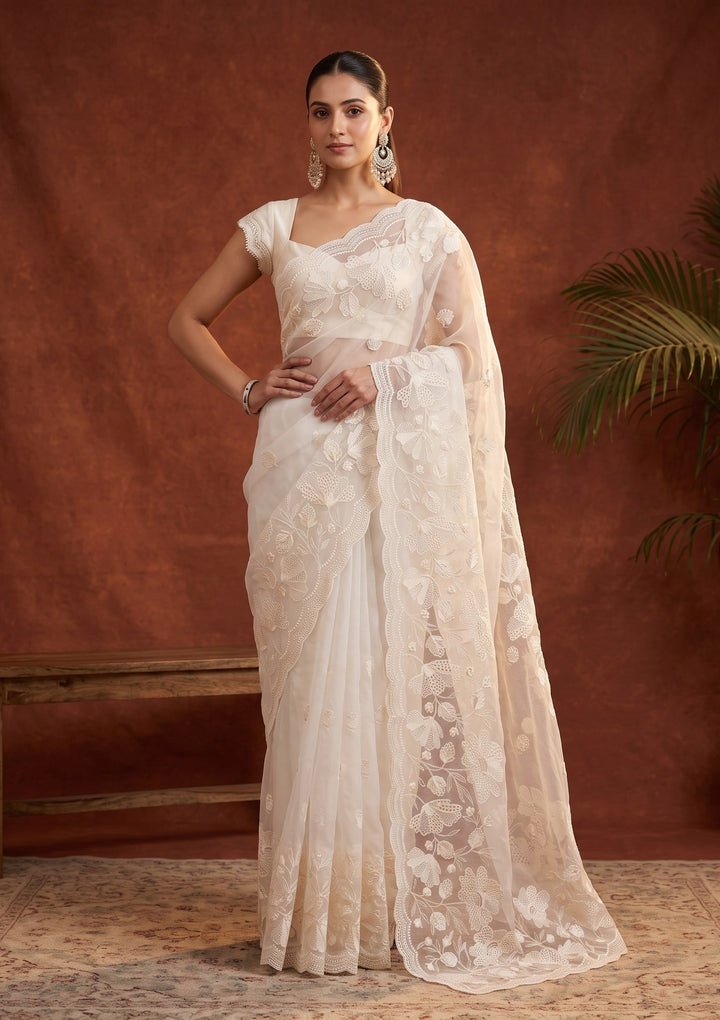 Off White Threadwork Organza Saree