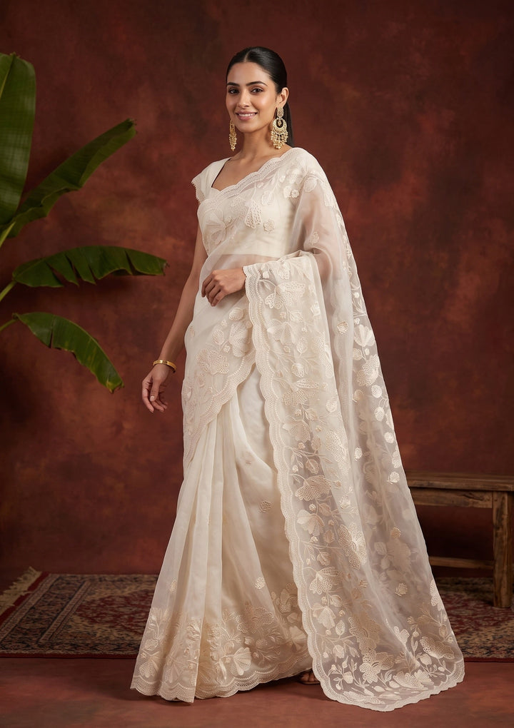 Off White Threadwork Organza Saree